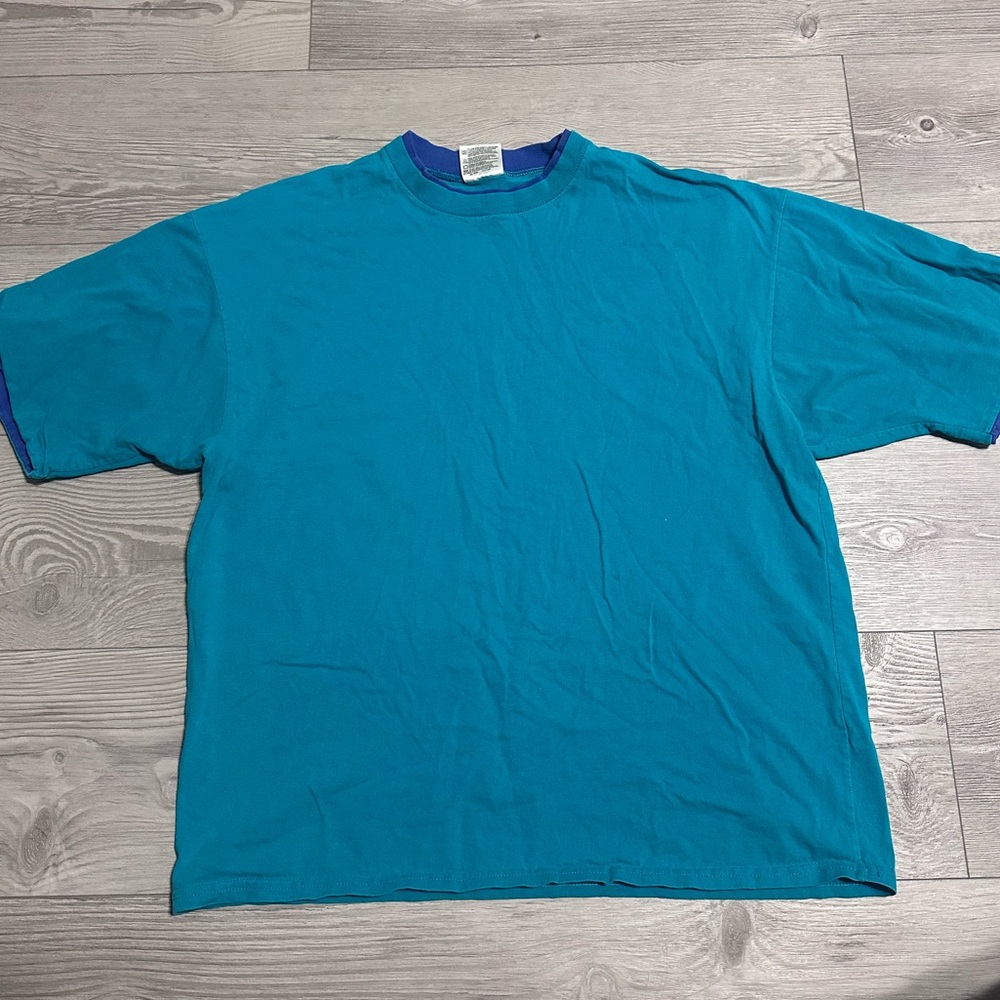 Vintage Hanes HerWay Colorblock Teal Blue Short Sleeve T-Shirt, Size L